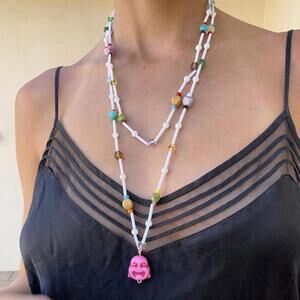 Double loop necklace - multicolored stringed with funky pink Buddha pendant